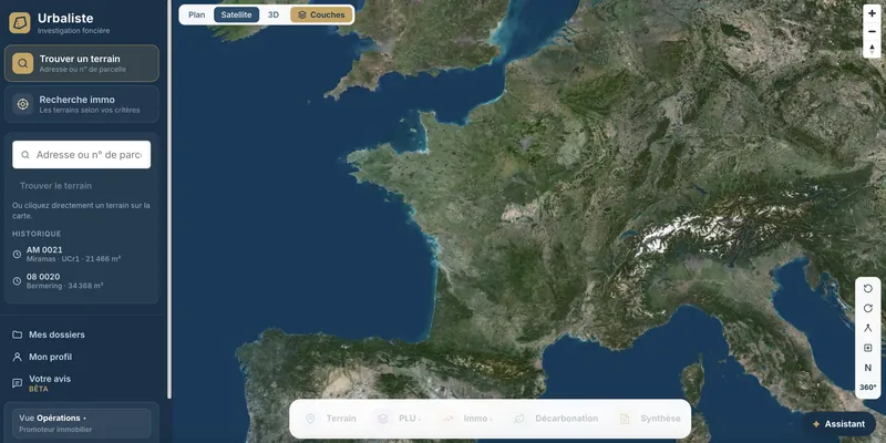 Accueil du logiciel : recherche par adresse ou référence cadastrale sur la carte satellite de la France