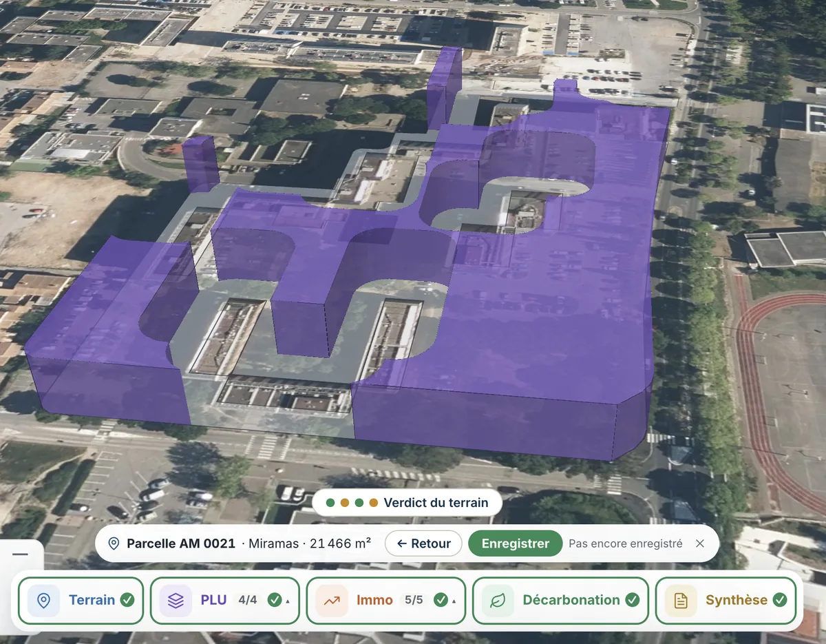 Urbaliste : volume constructible en 3D sur une parcelle de 21 466 m² à Miramas, avec le verdict du terrain et les cinq fonctions (Terrain, PLU, Immo, Décarbonation, Synthèse)